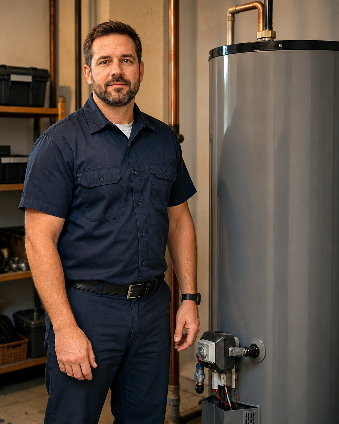 A residential plumbing technician standing beside a traditional tank water heater and looking toward the camera